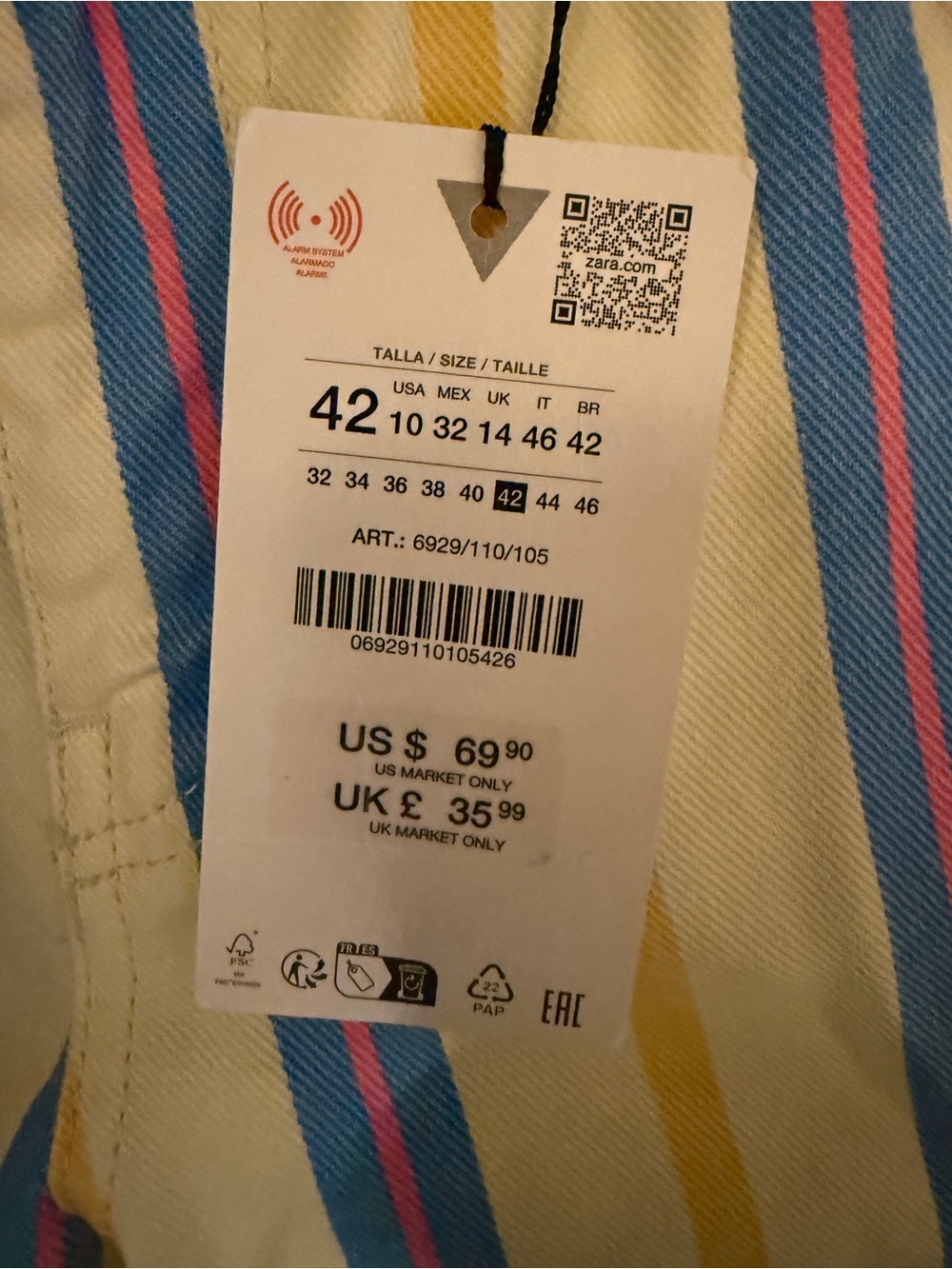 Zara Striped Flat Front pants in Blue, Pink & Yellow, nwt